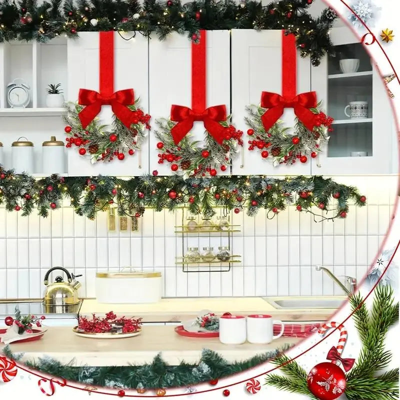 🎄Mini Christmas Wreaths with Ribbon Bows for Holiday Home Decor🎀