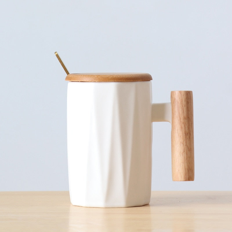 Avaleric® Wooden handle ceramic coffee mug,literary teacup Office Coffee Milk Cup