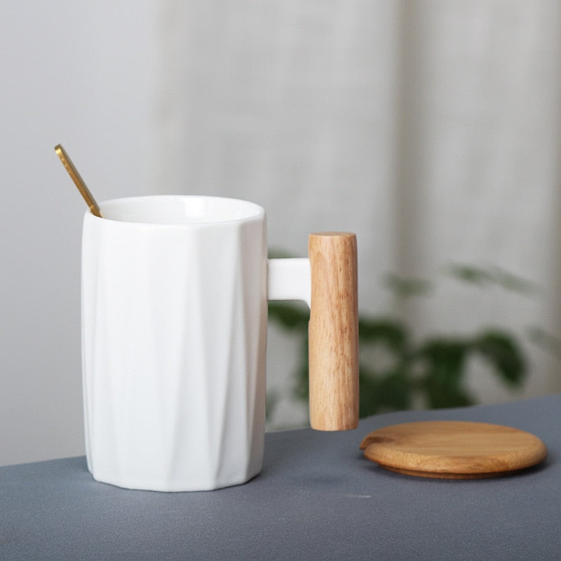 Avaleric® Wooden handle ceramic coffee mug,literary teacup Office Coffee Milk Cup