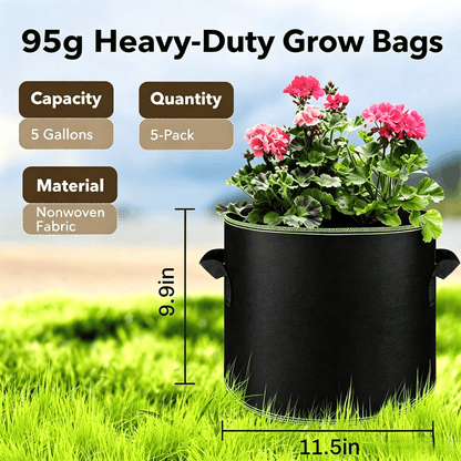 Avaleric® 🌱 5 Gallon Grow Bags – Heavy Duty Aeration Fabric Pots with Handles for Vegetables, Flowers & Fruits 🪴