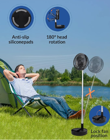 Avaleric® 4 speed Wireless USB Rechargeable Round White Pink Black Portable Cordless Adjustable Folding Desk Floor Oscillating Fan with Remote