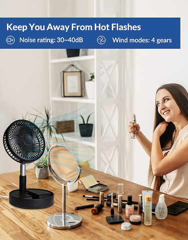 Avaleric® 4 speed Wireless USB Rechargeable Round White Pink Black Portable Cordless Adjustable Folding Desk Floor Oscillating Fan with Remote